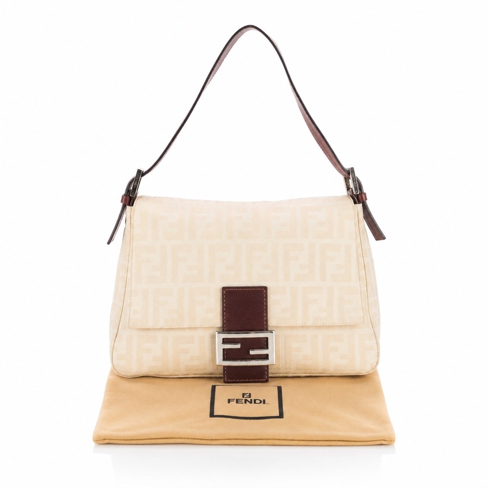Fendi Mama Forever Zucca Canvas Shoulder Bag FF Buckle Vintage Cream Handbag
